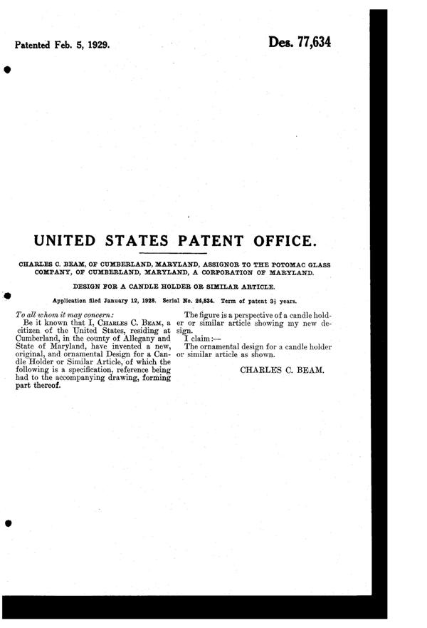 Potomac Candlestick Design Patent D 77634-2