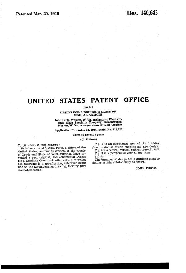 West Virginia Glass Specialty Tumbler Design Patent D140643-2