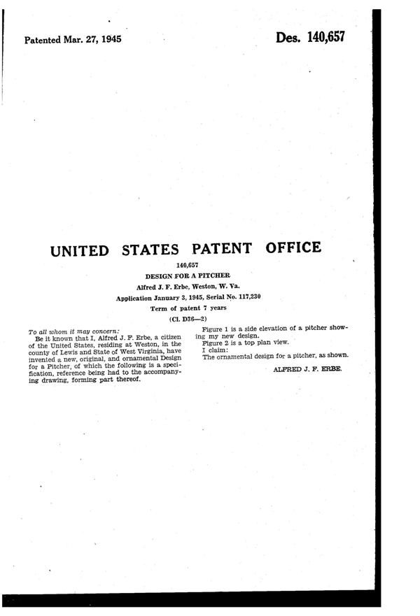 West Virginia Glass Specialty Pitcher Design Patent D140657-2
