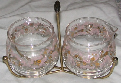 Libbey Cream & Sugar w/ Floral Decoration & Caddy