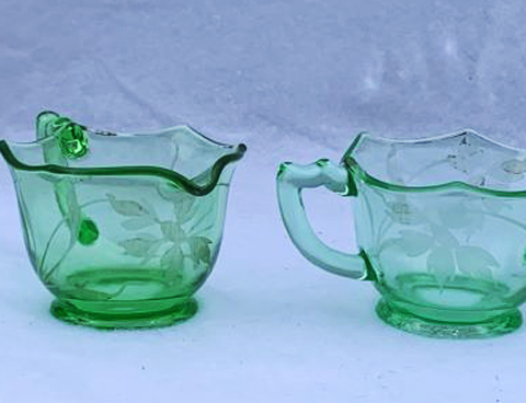 Liberty Works Octagon Optic "Egg Harbor" Cream & Sugar w/ Unknown Etch