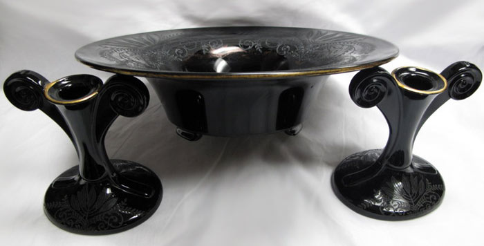 Fostoria Bowl and Candlesticks with Fern Etch