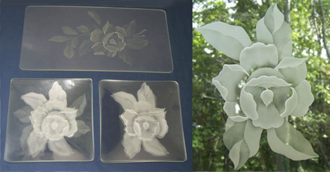 Duncan & Miller Platter & Plates w/ Unknown Sand Carving