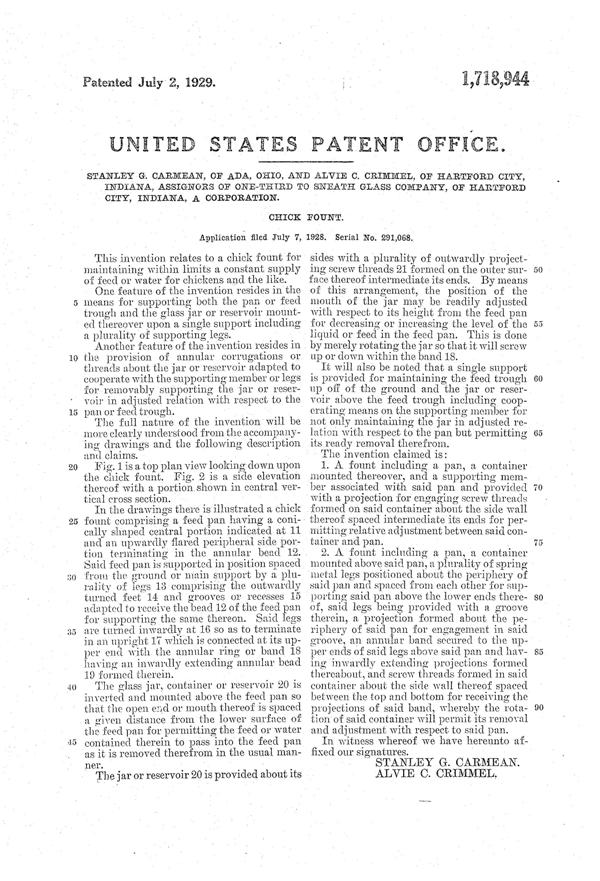 Sneath Chick Fount Patent 1718944-2