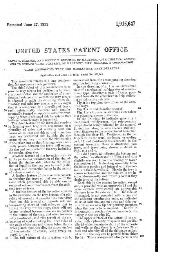 Sneath Refrigerator Tray Patent 1915647-2
