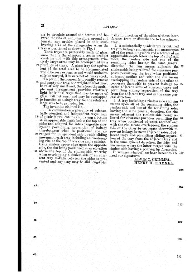 Sneath Refrigerator Tray Patent 1915647-3