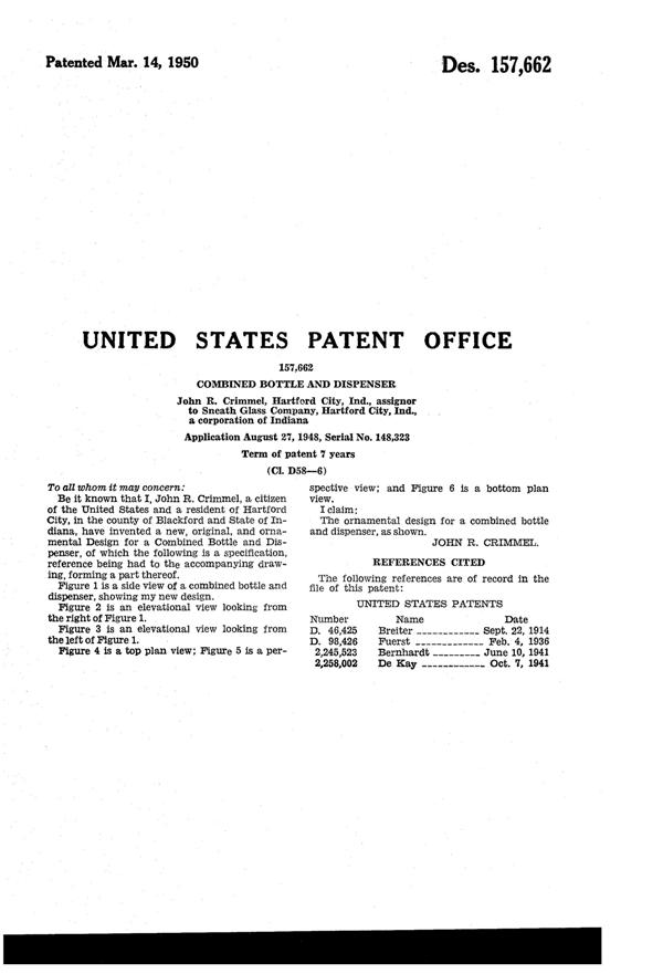 Sneath Bottle & Dispenser Top Design Patent D157662-2