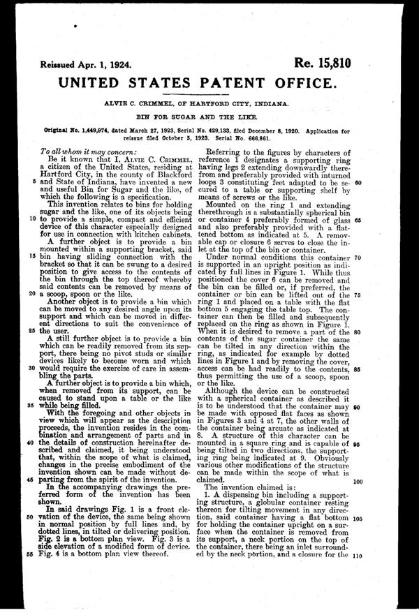 Sneath Sugar Bin Reissued Patent RE 15810-3