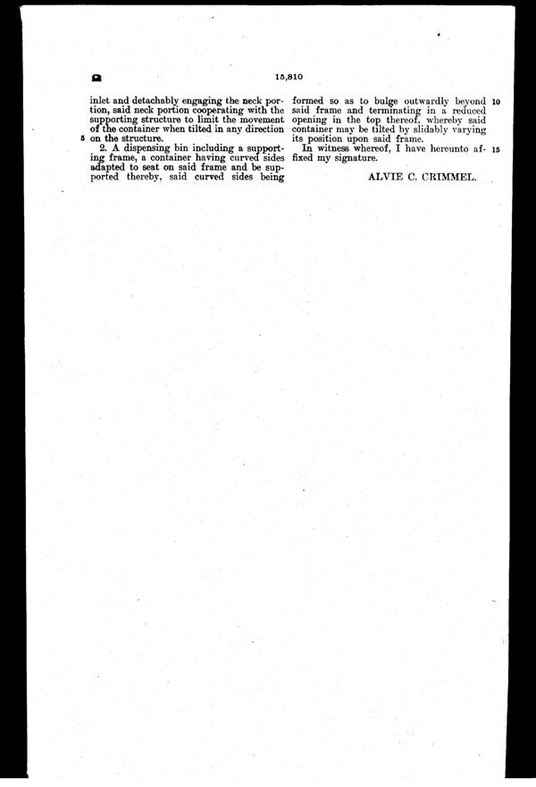 Sneath Sugar Bin Reissued Patent RE 15810-4