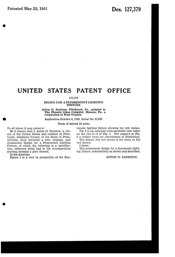Phoenix Fluorescent Light Fixture Design Patent D127379-2