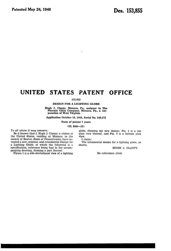 Phoenix Light Fixture Globe Design Patent D153855-2