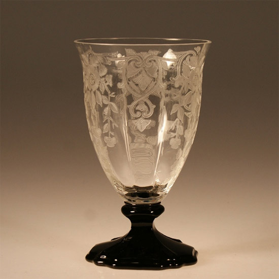 Cambridge #3025 Bi-Color Footed Tumbler w/ #744 Apple Blossom Etch