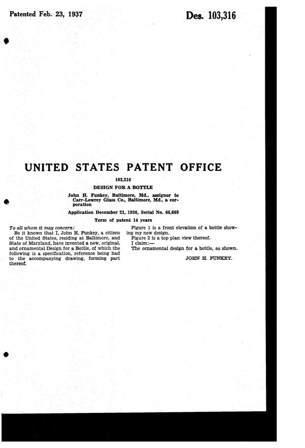 Carr-Lowrey Bottle Design Patent D103316-2