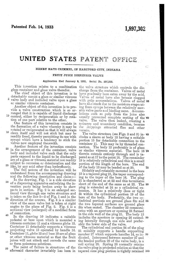 Sneath Dispenser Valve Patent 1897302-2