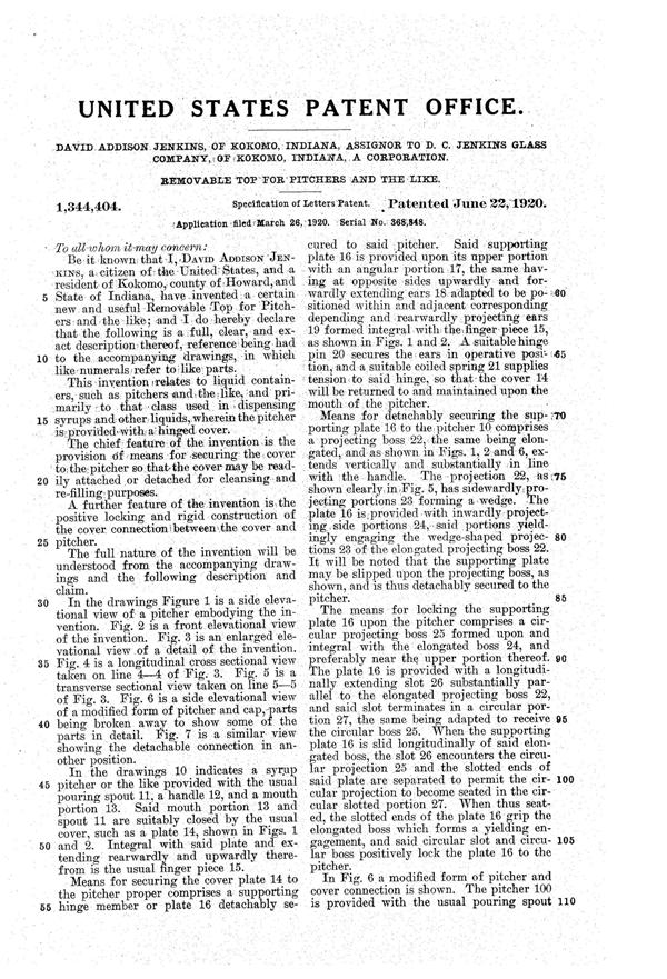 Jenkins Removable Top for Molasses Pitchers Patent 1344404-2