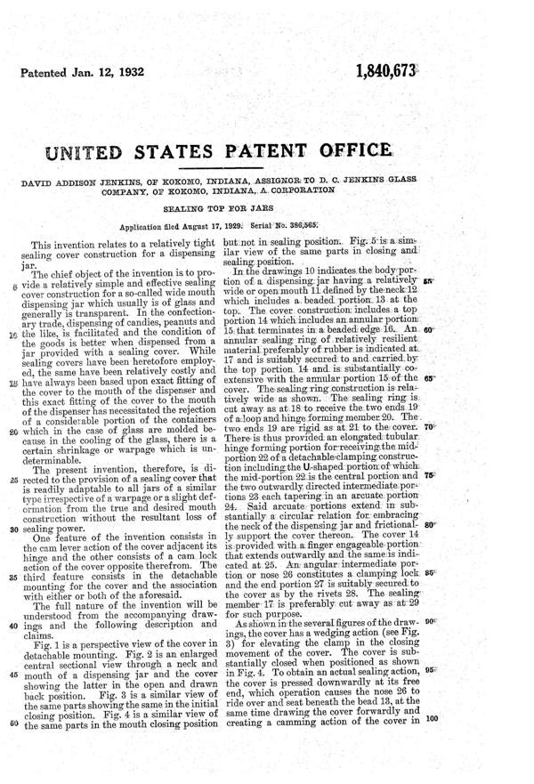 Jenkins Sealing Top for Jars Patent 1840673-2