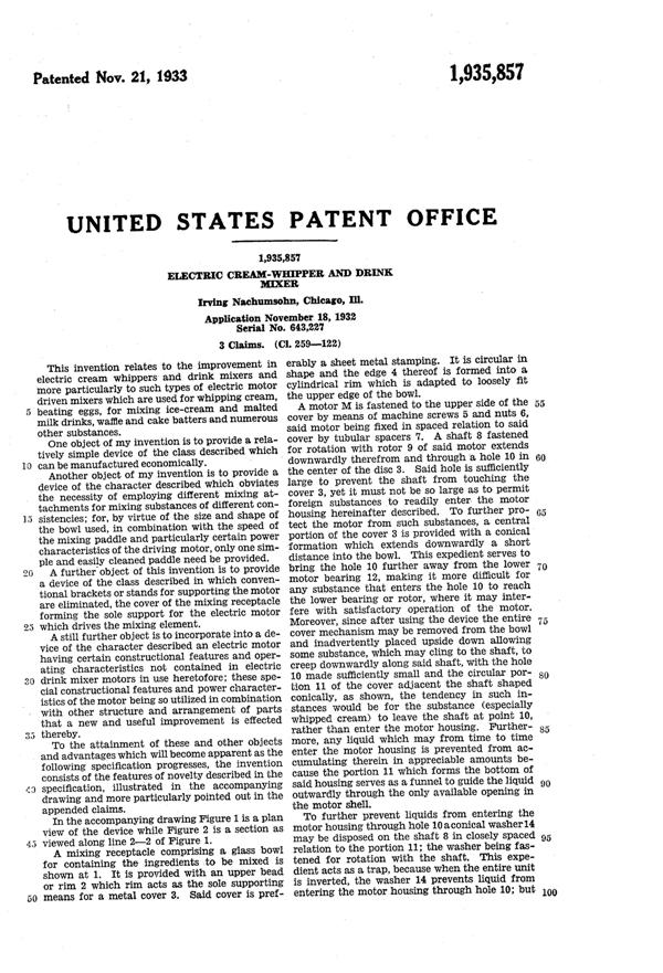 Vidrio Products Electric Cream Whipper & Drink Mixer Patent 1935857-2