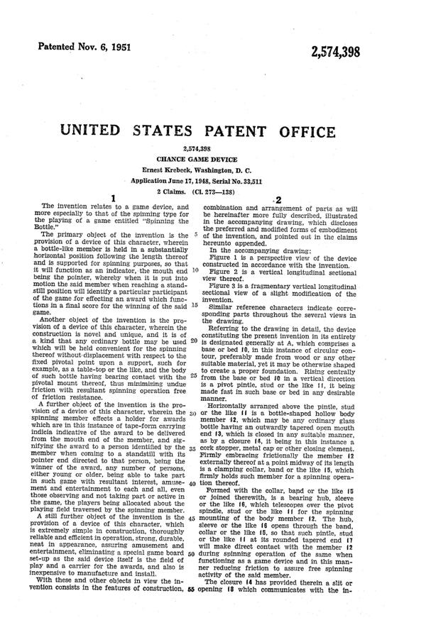 Krebeck Chance Game Device Patent 2574398-2