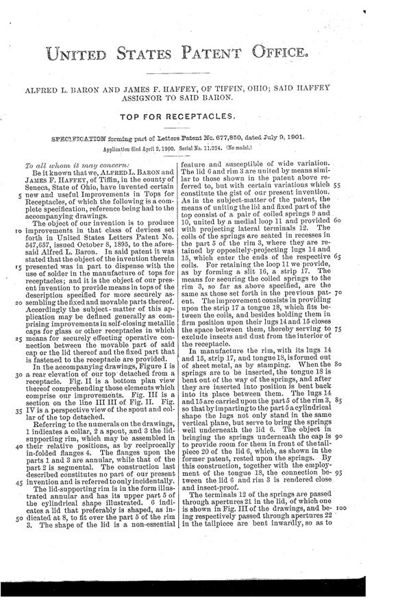 U. S. Glass Jug Top Patent  677850-2