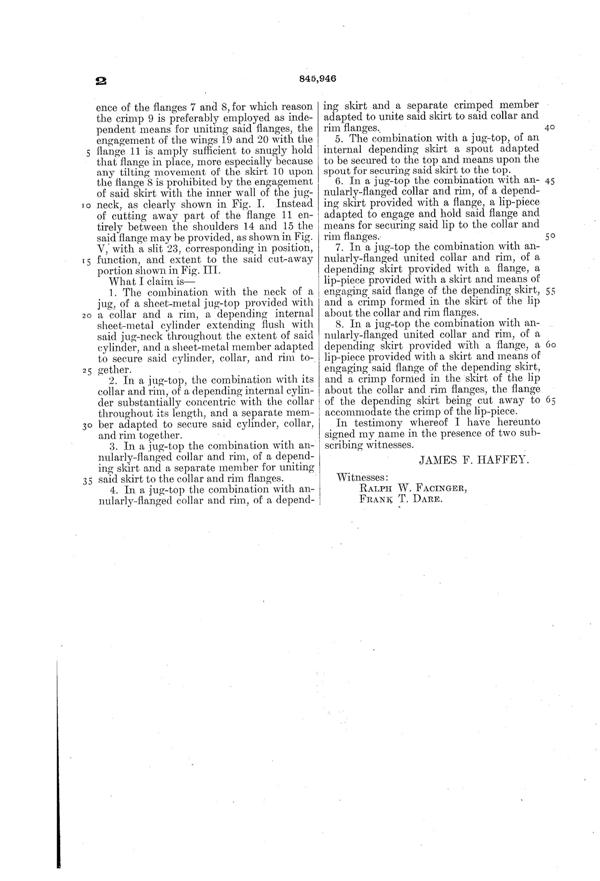 U. S. Glass Jug Top Patent  845946-3