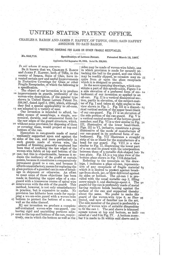U. S. Glass Protective Cover Patent  846719-3