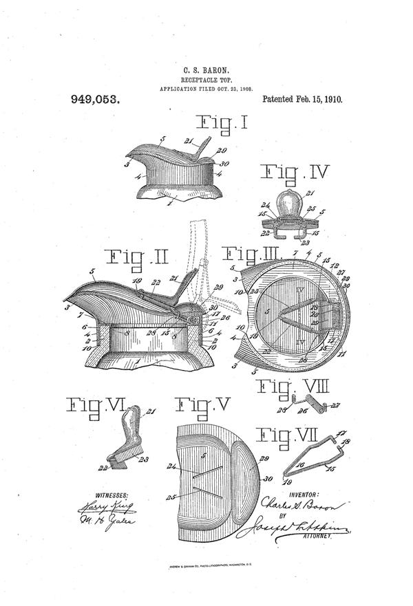 U. S. Glass Jug Top Patent  949053-1