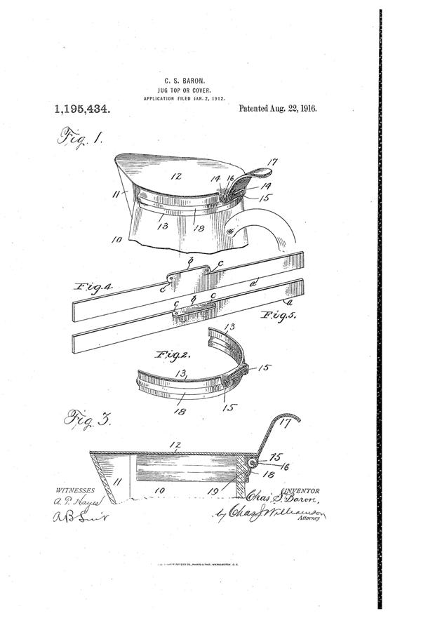 U. S. Glass Jug Top Patent 1195434-1