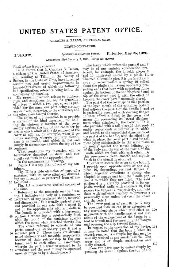 U. S. Glass Jug Top Patent 1340872-2