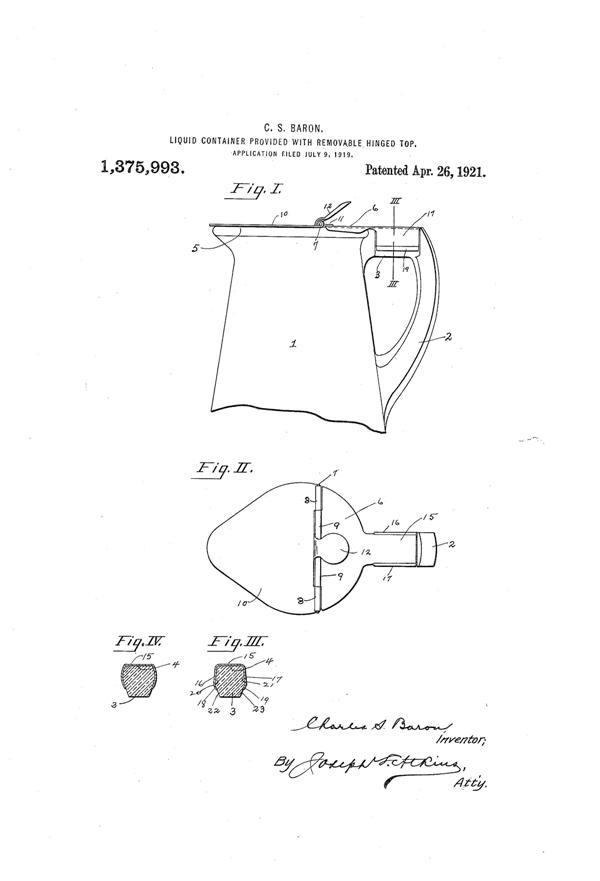 U. S. Glass Jug Top Patent 1375993-1