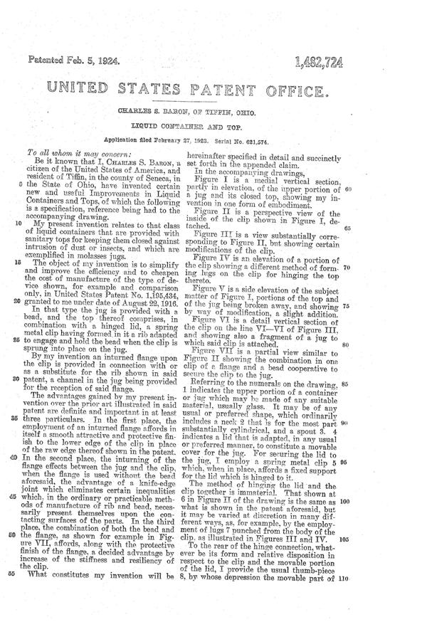 U. S. Glass Jug Top Patent 1482724-2