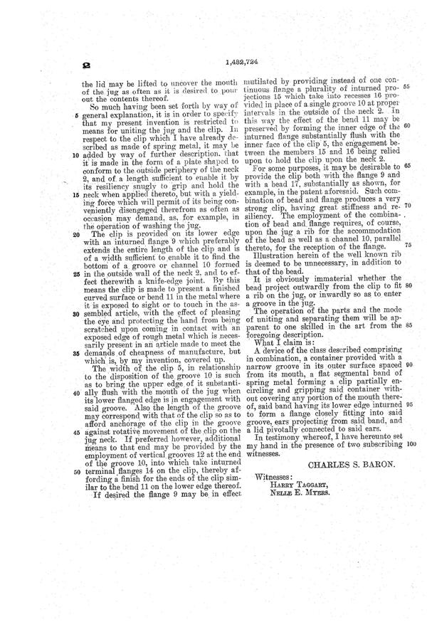 U. S. Glass Jug Top Patent 1482724-3