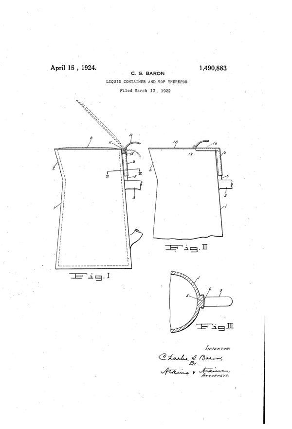 U. S. Glass Jug Top Patent 1490883-1