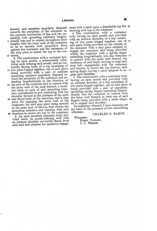 U. S. Glass Jug Top Patent 1500218-4