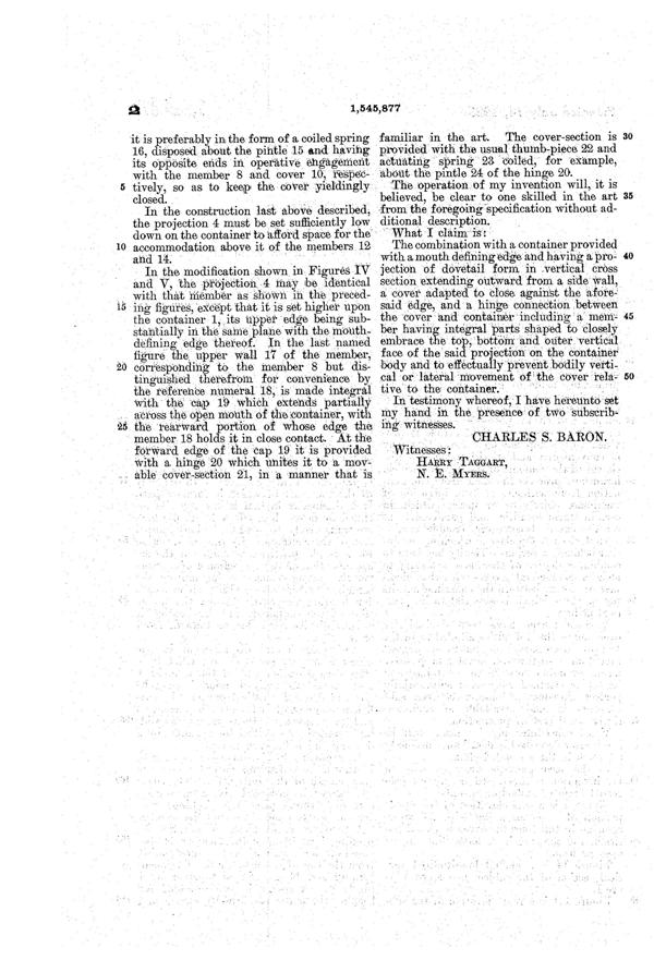 U. S. Glass Jug Top Patent 1545877-3