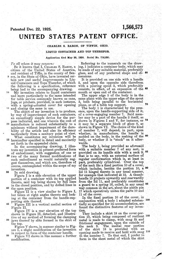 U. S. Glass Jug Top Patent 1566573-2