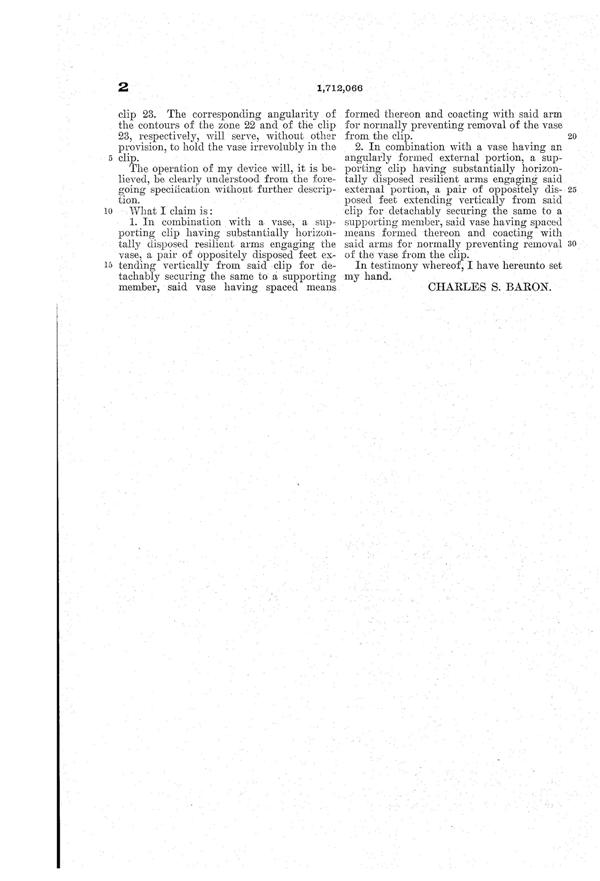 U. S. Glass Car Vase Holder Patent 1712066-3