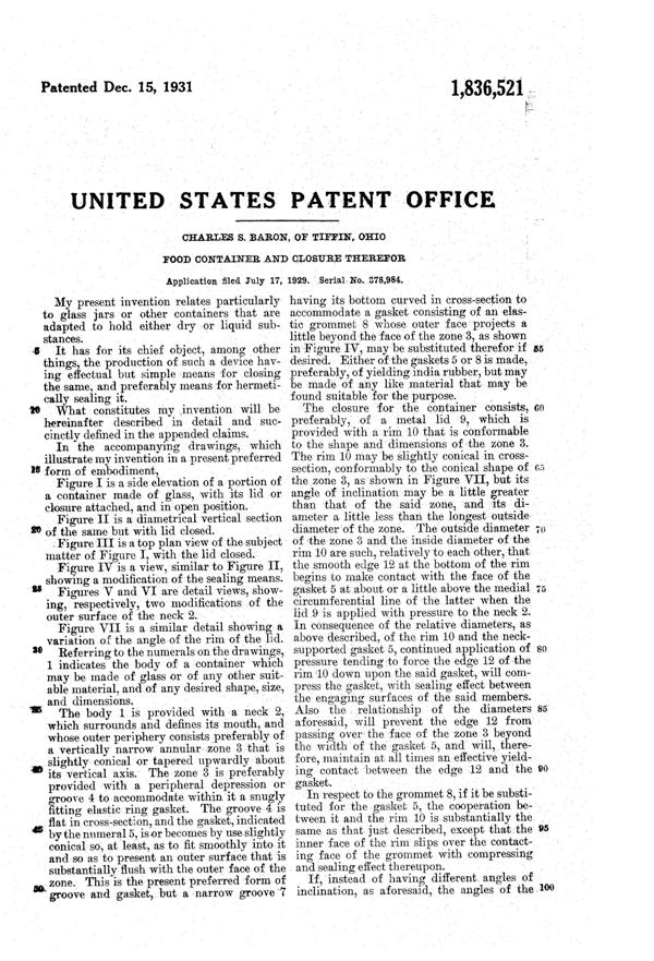 U. S. Glass Container Lid Patent 1836521-2