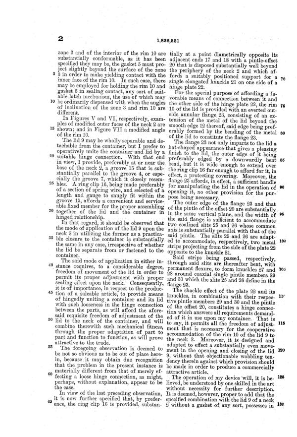 U. S. Glass Container Lid Patent 1836521-3