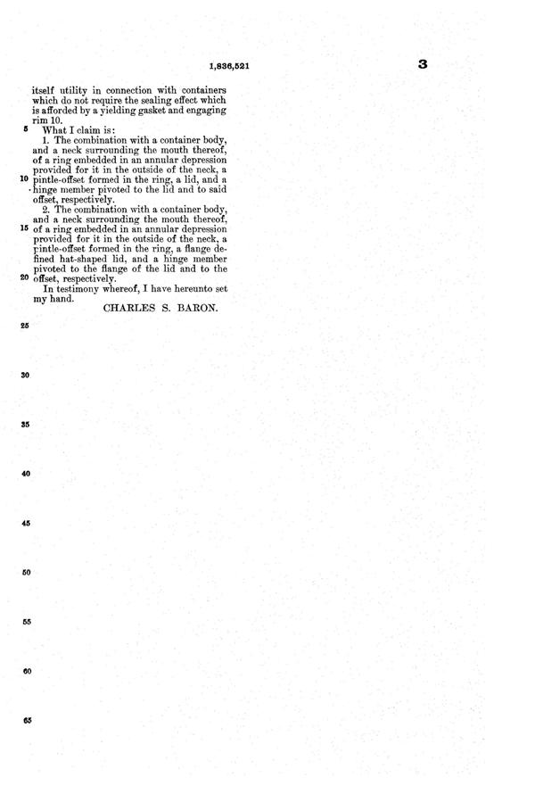 U. S. Glass Container Lid Patent 1836521-4