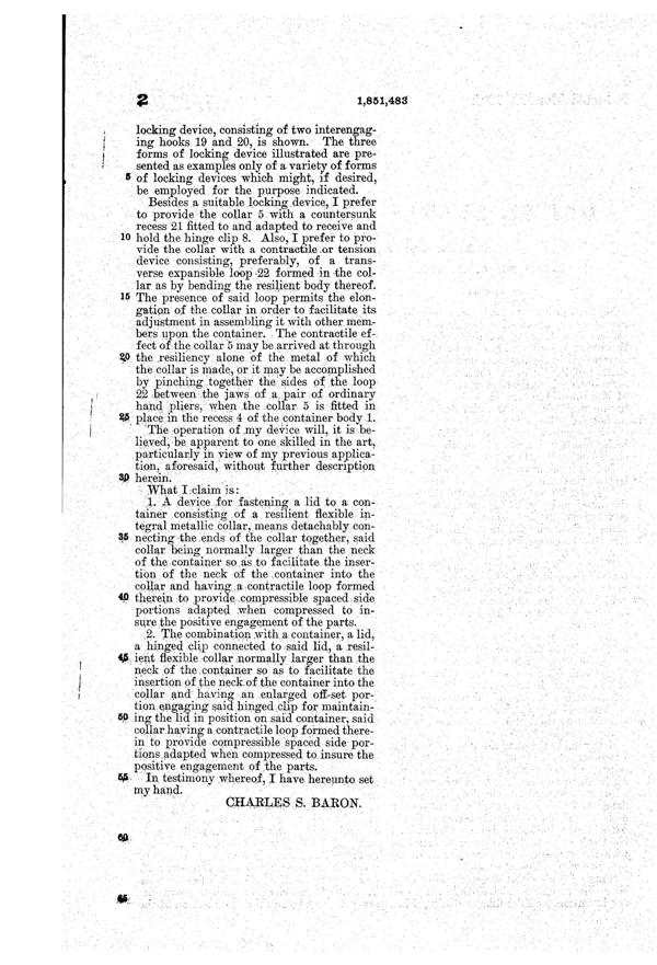 U. S. Glass Container Collar Patent 1851483-3