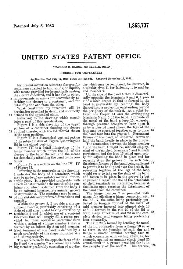 U. S. Glass Container Lid Patent 1865737-2
