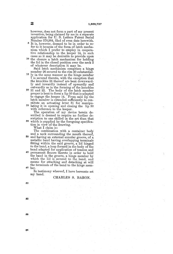 U. S. Glass Container Lid Patent 1865737-3