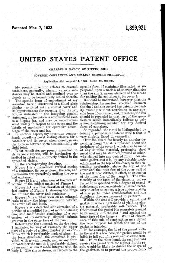 U. S. Glass Container Lid Patent 1899921-2