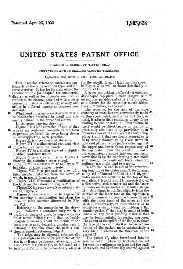 U. S. Glass Container Lid Patent 1905628-3