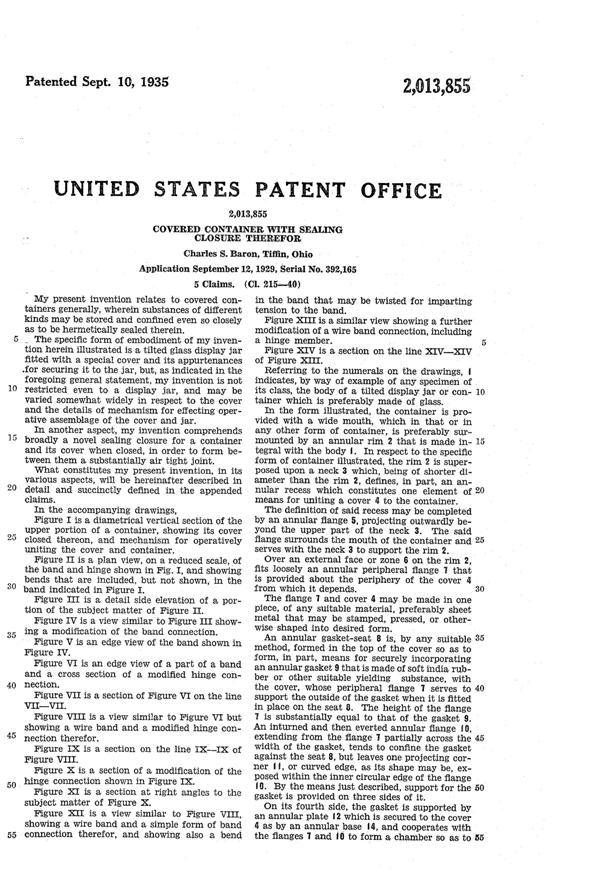 U. S. Glass Container Lid Patent 2013855-3