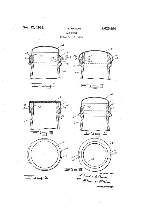 U. S. Glass Jar Lid Patent 2020494-1