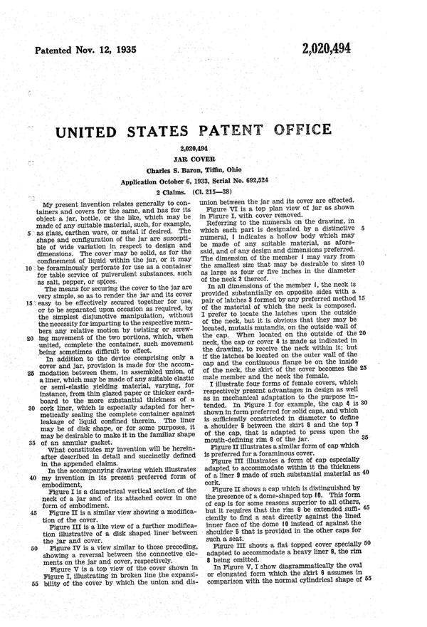 U. S. Glass Jar Lid Patent 2020494-2