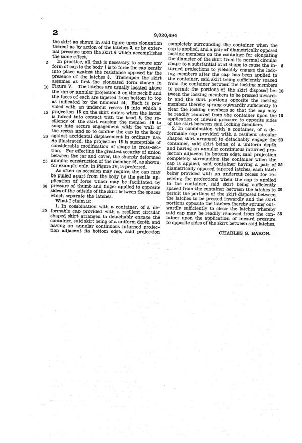 U. S. Glass Jar Lid Patent 2020494-3