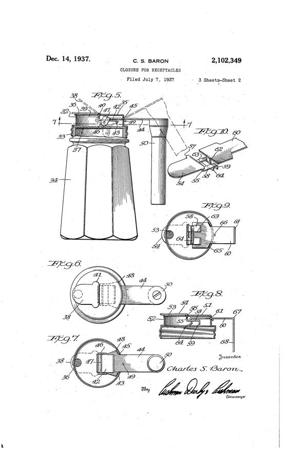 U. S. Glass Jug Top Patent 2102349-02