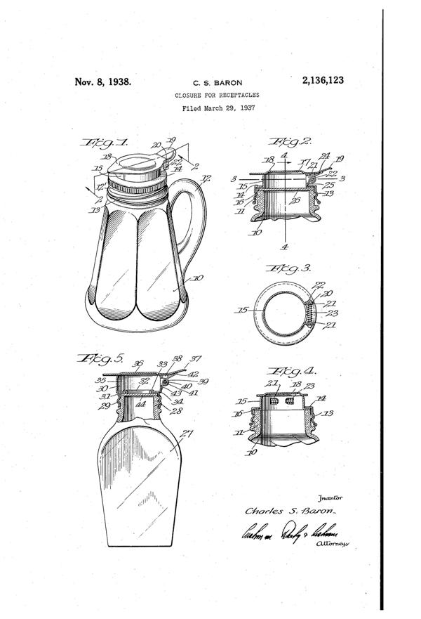 U. S. Glass Jug Top Patent 2136123-1